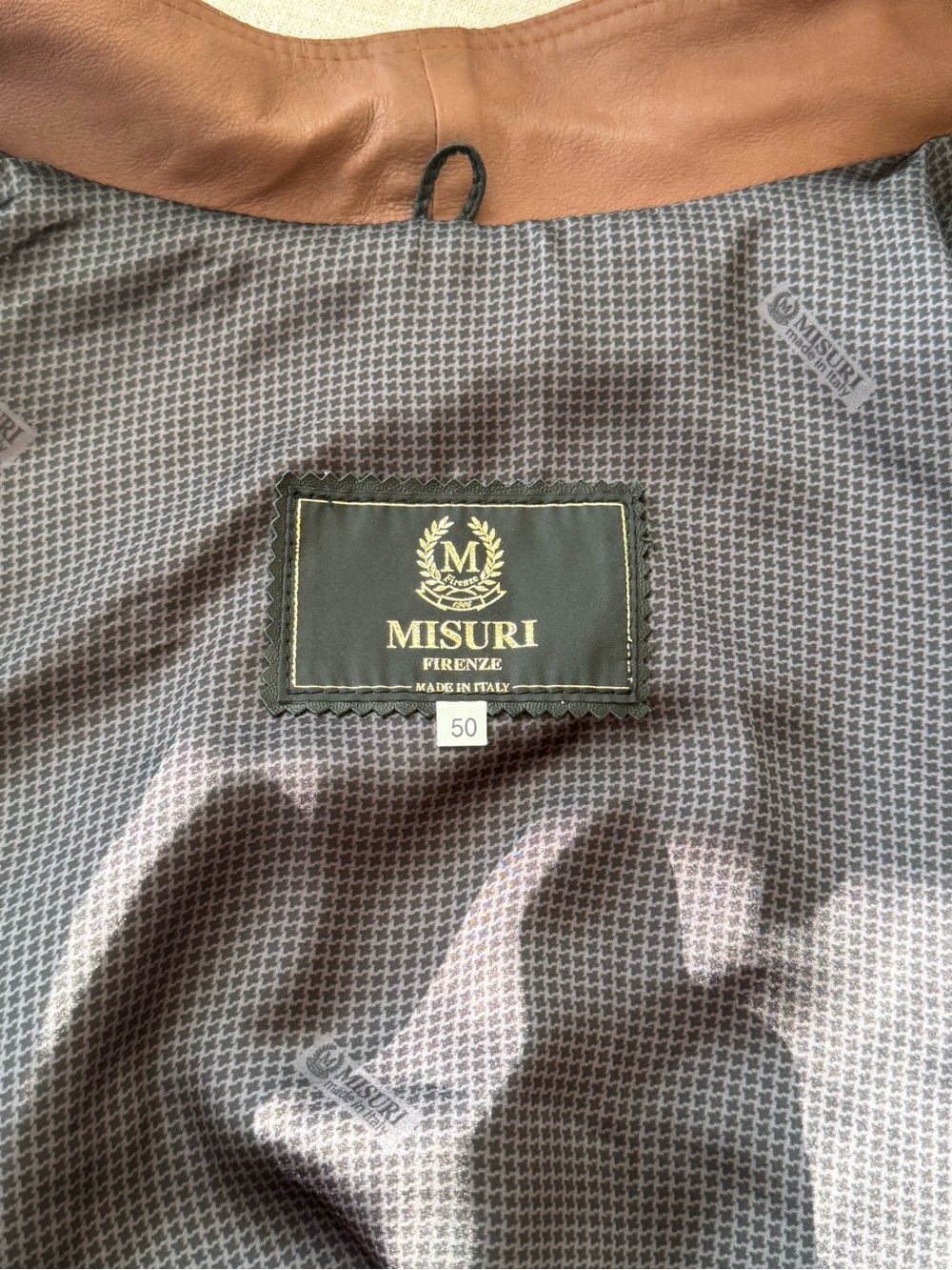 Misuri Firenze Men's Bomber Jacket - Brown Leather Trim with Gray Lining